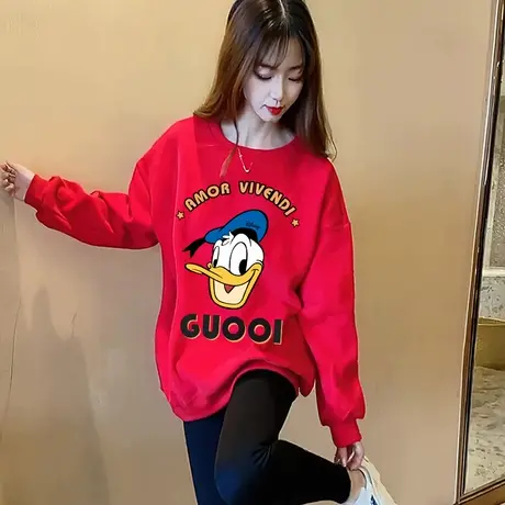 红色卫衣女加绒2023新款oversize宽松唐老鸭中长款遮屁股秋冬外套图片