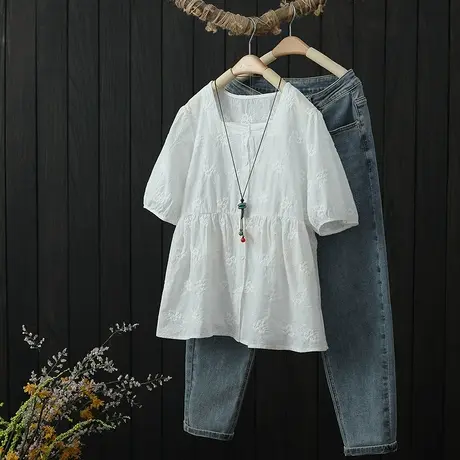 复古刺绣方领短袖衬衫女夏季新品单排扣棉质衬衣减龄显瘦百搭上衣图片