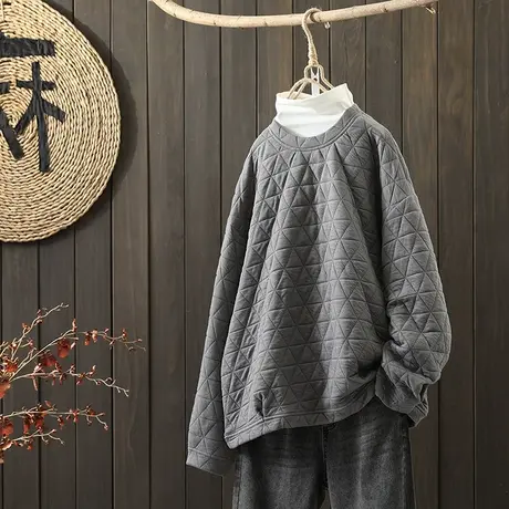 枫谜2021年秋装新款文艺简约菱形圆领卫衣女宽松休闲百搭套头上衣图片