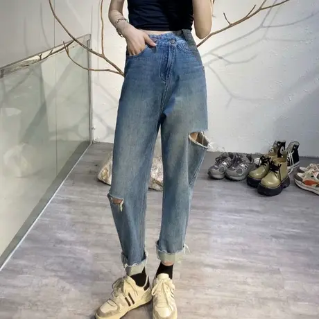 复古破洞牛仔裤子女春秋宽松设计感小众显瘦高腰直筒老爹裤潮ins图片