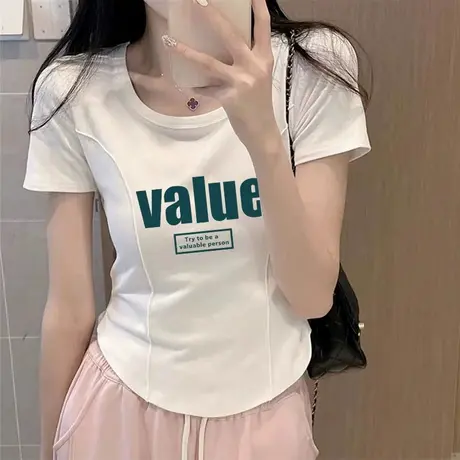 纯棉白色短袖正肩女t恤2023新款韩版修身洋气减龄短款辣妹上衣夏图片