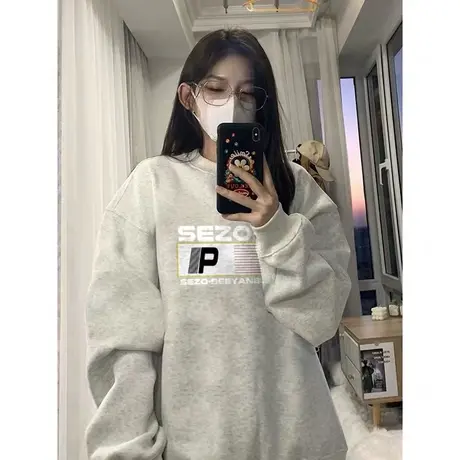 美式复古oversize卫衣女2023春秋薄款设计感小众宽松bf慵懒风外套商品大图