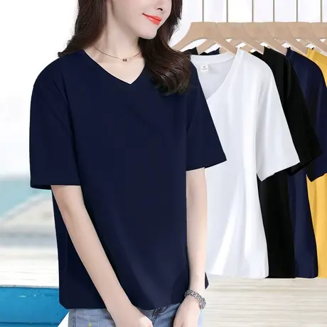 藏蓝色纯棉宽松v领短袖t恤女夏新款中年妈妈遮肉百搭半袖体恤上衣图片