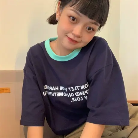 红续撞色拼接短袖T恤女夏季2023新款圆领宽松显瘦小众设计感半袖图片