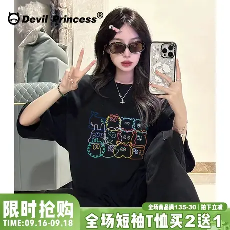 小众卡通超火ins风黑色t恤女短袖宽松正肩夏季新款学院风半袖上衣商品大图