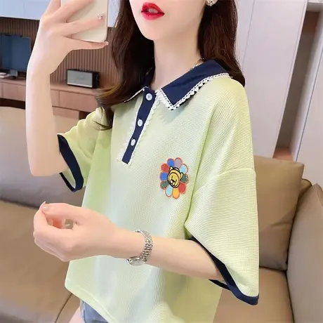小个子短袖t恤女2023新款夏季韩版宽松撞色短款翻领polo衫上衣服图片