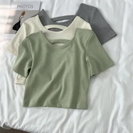 小个子短款短袖T恤女夏装洋气韩版修身显瘦百搭镂空半袖辣妹上衣商品大图