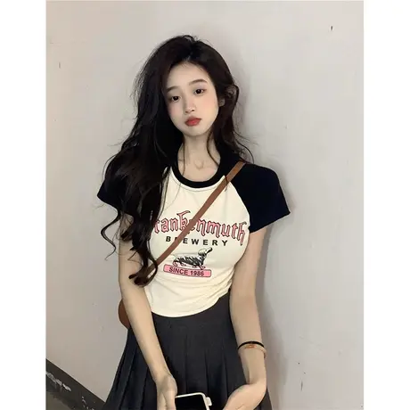 插肩袖正肩短袖T恤女夏季修身显瘦小众设计感别致短款辣妹风上衣图片