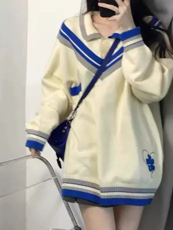 针织衫假两件polo领毛衣女春秋宽松外穿学院风日系软糯上衣ins潮图片