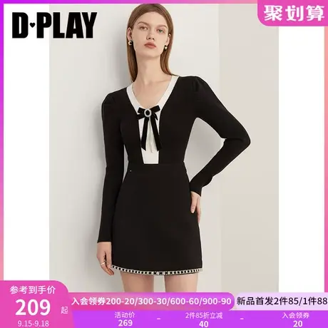 DPLAY2023秋装气质优雅黑拼白撞色可拆卸蝴蝶结修身针织套头毛衣商品大图