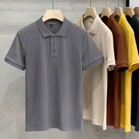 夏季新款暗条纹翻领针织短袖POLO衫男潮牌修身复古日系纯色T恤男商品大图