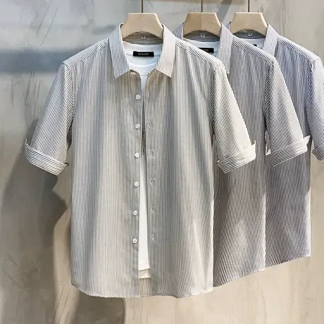 夏季冰丝免烫上班五分中袖条纹衬衫男短袖商务轻休闲寸衫修身衬衣商品大图