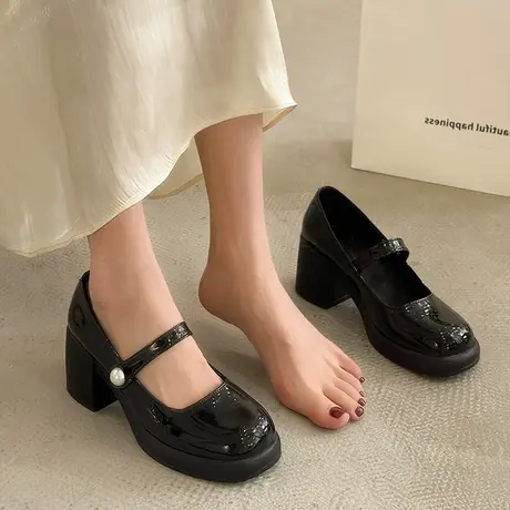黑色漆皮高跟鞋女2023新款法式晚晚风配裙子增高粗跟玛丽珍小皮鞋商品大图