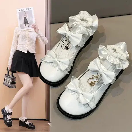 四季蝴蝶结小皮鞋女方跟春秋季厚底粗跟软底配裙子日系jk玛丽珍鞋商品大图