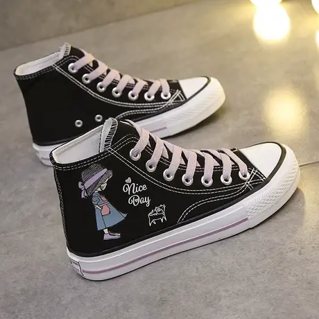 春季2023新款板鞋学生休闲鞋平底单鞋透气球鞋女生高帮帆布鞋学生图片