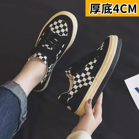厚底帆布鞋2023新款春秋季格子板鞋女ulzzang小众百搭运动ins潮鞋图片