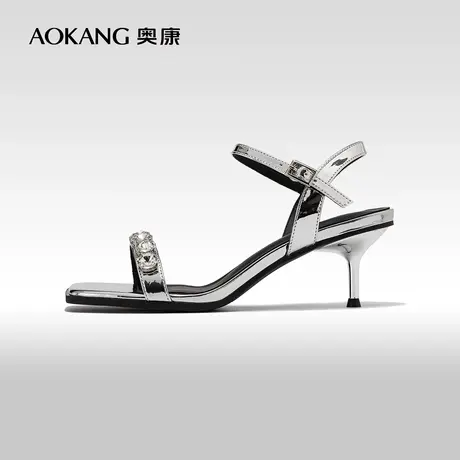 【一字带】奥康女鞋夏季新款时装银色时尚凉鞋中空细高跟女鞋图片