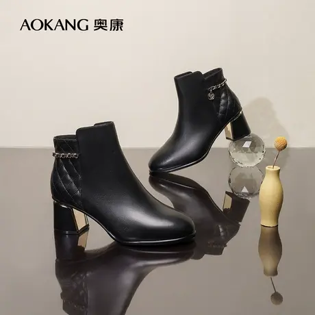 【门店发货】奥康女鞋 2022冬季新款时装靴粗跟舒适百搭气质优雅商品大图