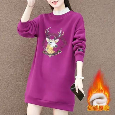 中长款加绒卫衣女秋冬时髦遮臀打底衫上衣加厚宽松休闲外套潮ins图片