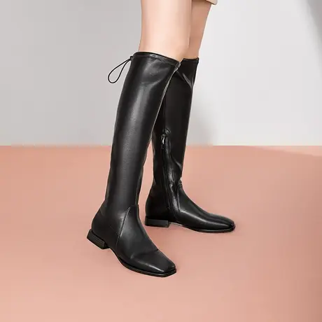 千百度女鞋骑士靴新款女靴瘦瘦靴潮流街头长筒靴显细低跟方头靴商品大图