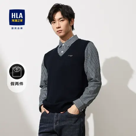 HLA/海澜之家时尚条纹双领针织衫23秋季新款修身绣花假两件毛衣男商品大图