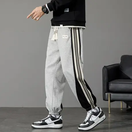 条纹运动裤子男款春秋季潮牌宽松抽绳休闲长裤青少年学生束脚卫裤商品大图