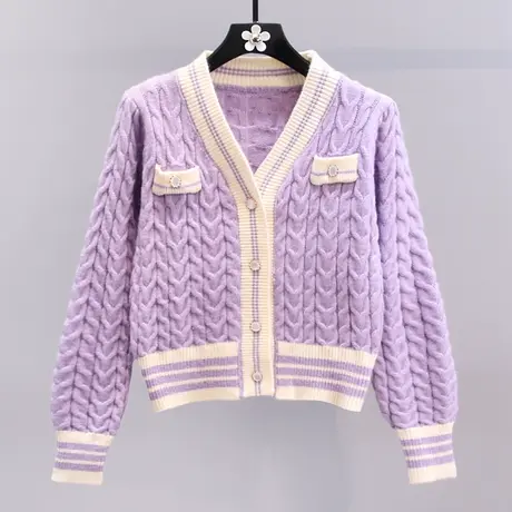 小香风撞色麻花毛衣外套女秋冬2023新款日系甜美修身短款针织开衫图片