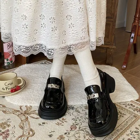 爆款配裙子乐福鞋女2024春秋新款配裙子百搭英伦风粗跟中跟小皮鞋商品大图