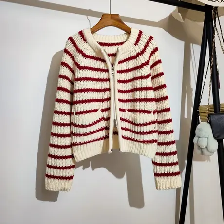 双拉链针织开衫女秋冬新款韩系宽松圆领时尚百搭条纹加厚毛衣外套商品大图