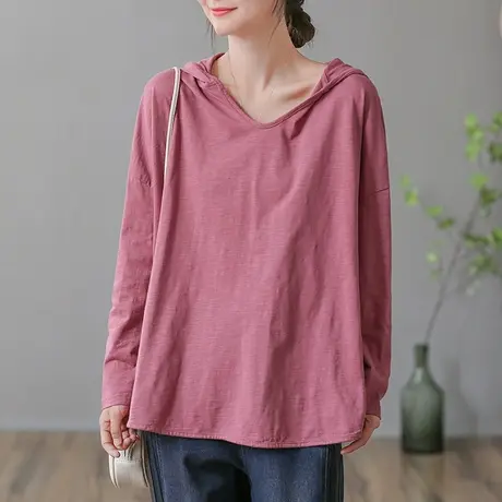 dza复古纯色全棉连帽长袖T恤女士春秋洋气内搭打底衫宽松休闲上衣商品大图