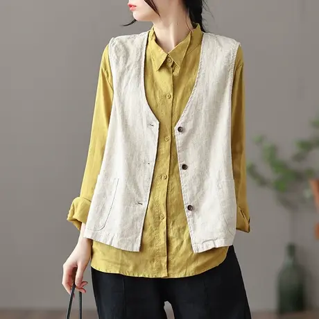 dza 复古纯色短款亚麻上衣女士休闲马甲外搭春季新款棉麻马夹背心图片