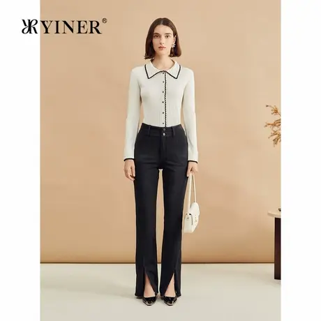 YINER音儿专选2024冬季新款撞色黑边翻领单排扣针织衫套头图片