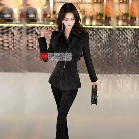VJE欧美假两件外套喇叭裤两件套原创立体剪裁收腰OL西装套装图片