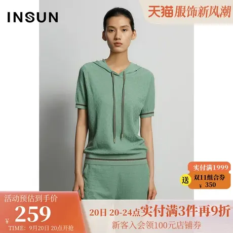 【2件85折】恩裳季新款通勤格纹连帽宽松撞色短袖套头针织上衣商品大图