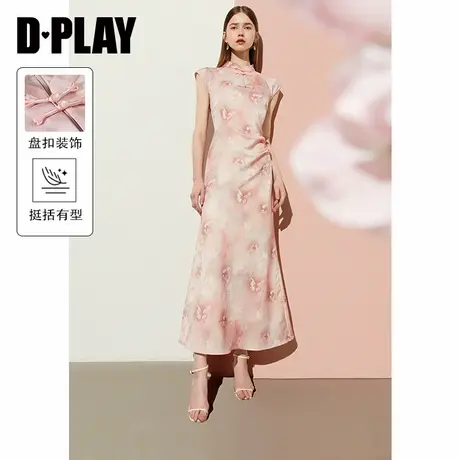 DPLAY年夏款新中式粉色印花立领修身长裙改良国风旗袍连衣裙图片