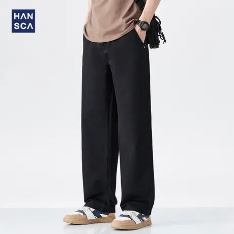 hansca美式黑色纯棉直筒休闲裤男2025新款春季宽松百搭水洗长裤子商品大图
