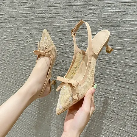 网纱蕾丝包头凉鞋女2024夏季新款仙女风蝴蝶结后空尖头细跟高跟鞋图片