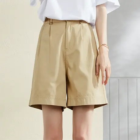 唐狮短裤女夏季休闲西装中裤新款薄款高腰卡其色宽松五分裤子商品大图