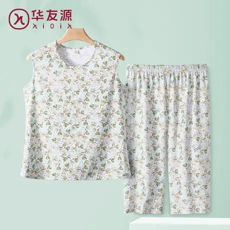 睡衣女夏季纯棉女无袖背心短裤妈妈薄款套装中老年人两件套家居服商品大图