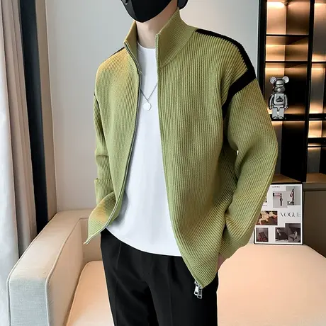 秋冬立领条纹针织衫外套潮流拼色个性简约高级感休闲毛衣开衫夹克商品大图