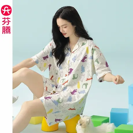 芬腾女睡衣夏季纯棉短袖短裤薄款夏天休闲女款宽松大码家居服套装商品大图