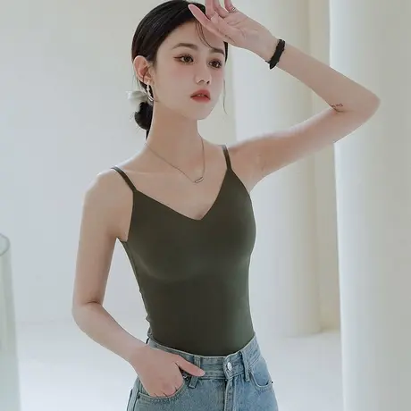 u型紧身美背小吊带背心女文胸秋薄款无袖长款内搭带胸垫打底上衣商品大图