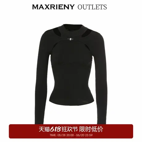 【奥莱】MAXRIENY黑色解构镂空套头针织长袖修身上衣女商品大图