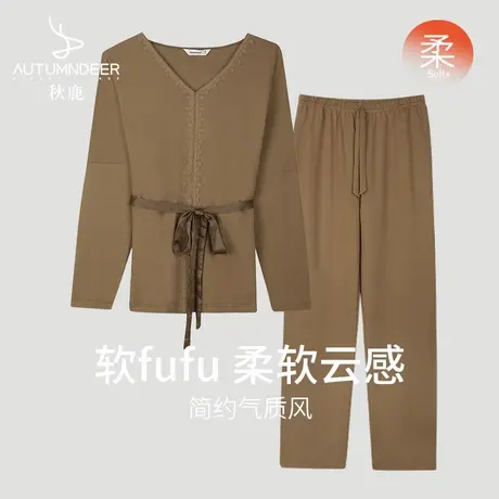 秋鹿【商场同款】女士睡衣春秋款简约花边V领绑带秋季家居服商品大图