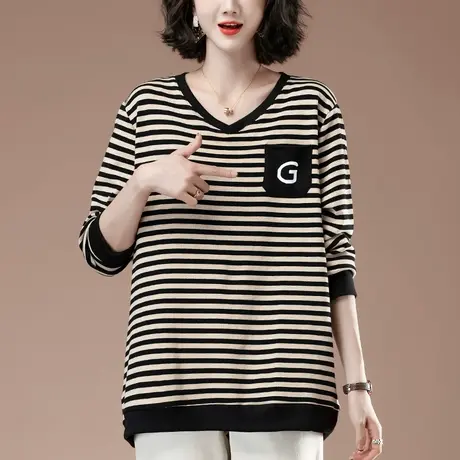 条纹长袖t恤女春秋新款加肥加大码女装宽松中年妈妈V领显瘦打底衫商品大图