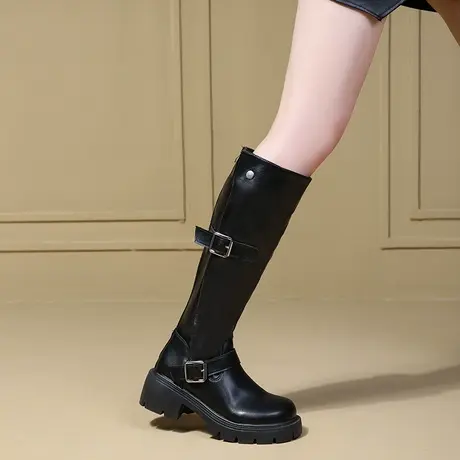 气质长筒靴子女2025新款秋季配裙子粗跟高筒骑士靴增高不过膝长靴商品大图