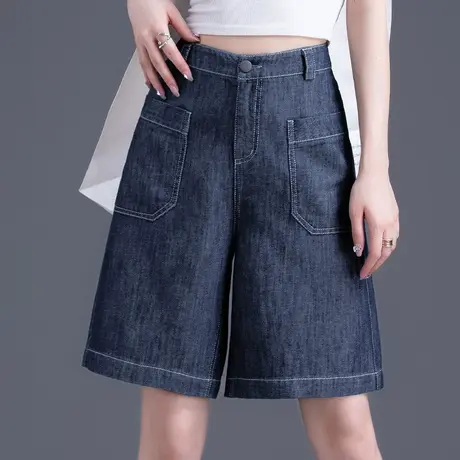 深蓝色牛仔短裤女夏季薄款百慕大五分裤2023新款高腰阔腿5分中裤商品大图