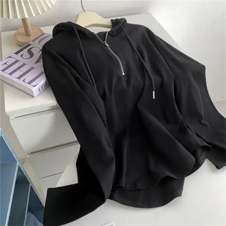 不规则半拉链卫衣女深灰色宽松休闲学生帽衫棉质套头外套上衣女秋商品大图