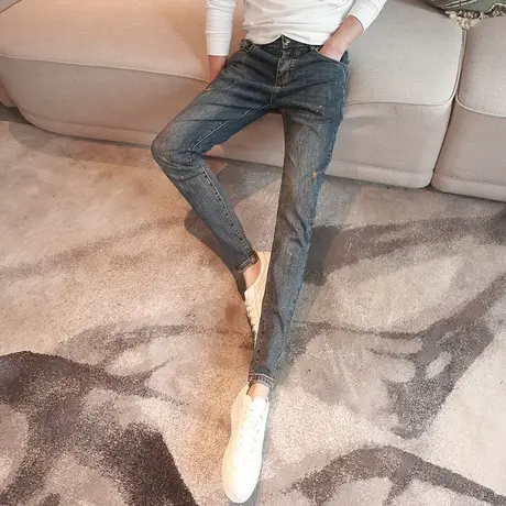 时尚个性泼墨做旧牛仔裤男潮流青年显瘦小脚铅笔裤2023秋冬长裤子商品大图