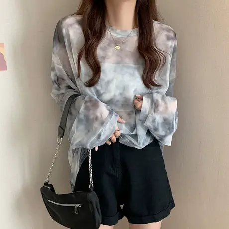早秋网纱打底衫套头罩衫纱衣冰丝薄款防晒衣女夏长袖内搭t恤上衣图片